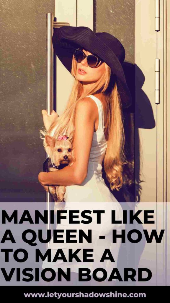 a blonde woman dressed in a white dress wearing oversized black sunglasses and a big black hat and holding a small dog in her arms how to make a vision board