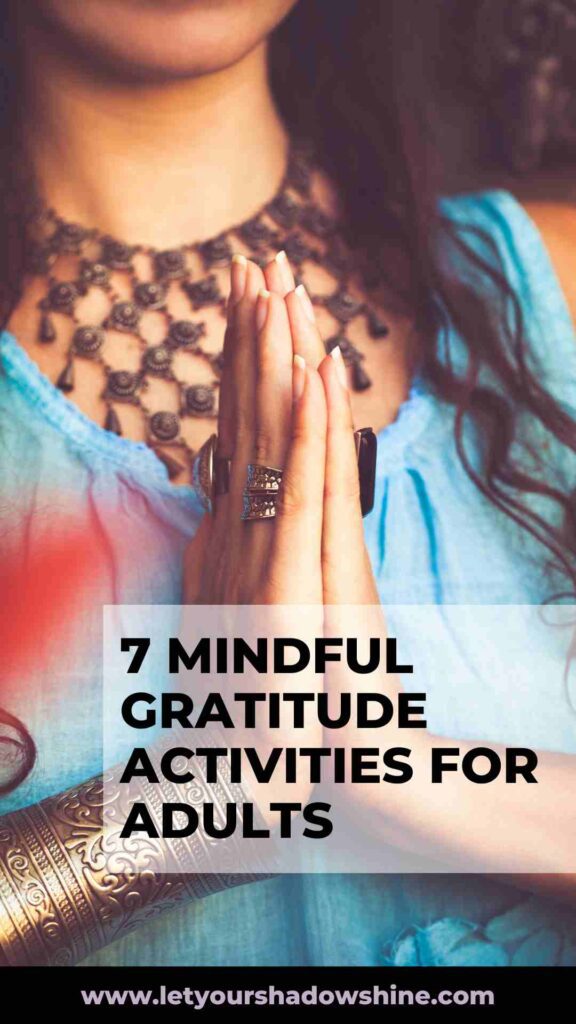 Pinterest pin images showing close up of namaste hands gratitude activities for adults
