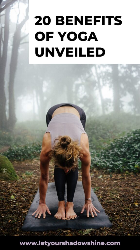 Pinterest pin image showing a woman in a forrest setting doing yoga blog post is about 20 benefits of yoga