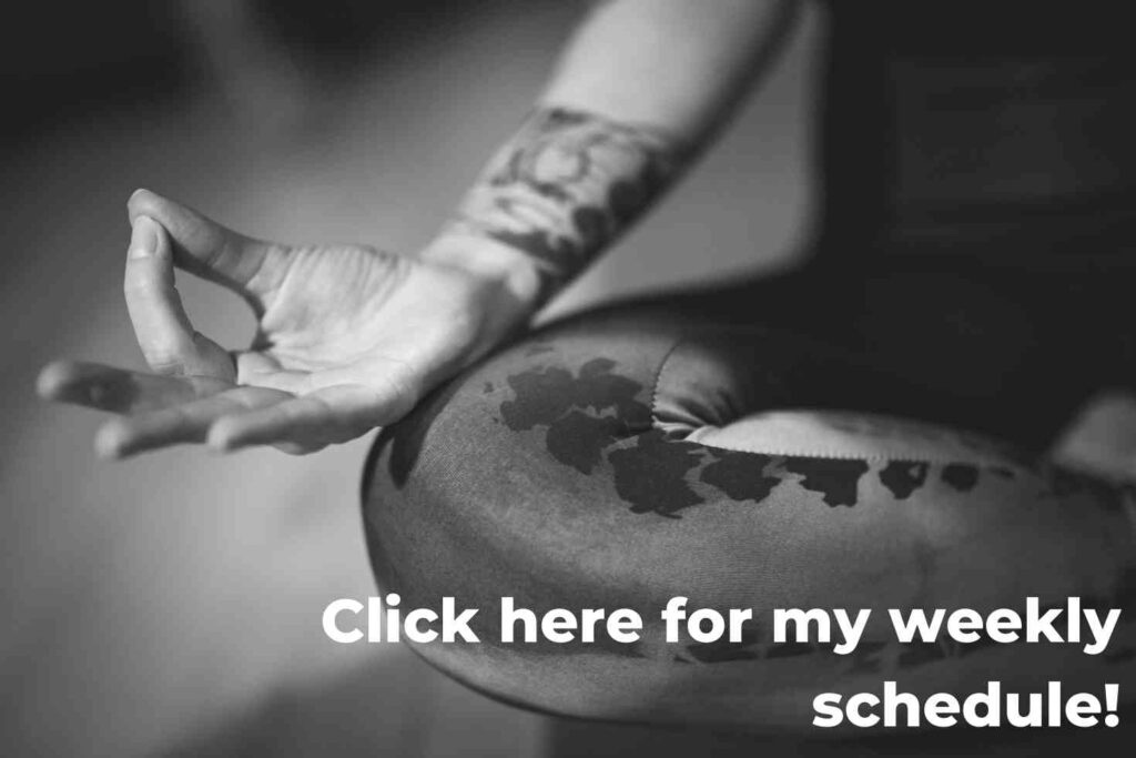black and white image meditation pose yoga practice weekly schedule