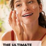 Pinterest pin image showing close up of woman doing evening skin care routine putting cream on her face blog post featuring the ultimate evening routine checklist