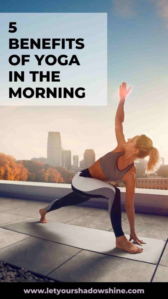woman on roof top doing morning yoga 5 benefits of yoga in the morning 3-day morning yoga challenge