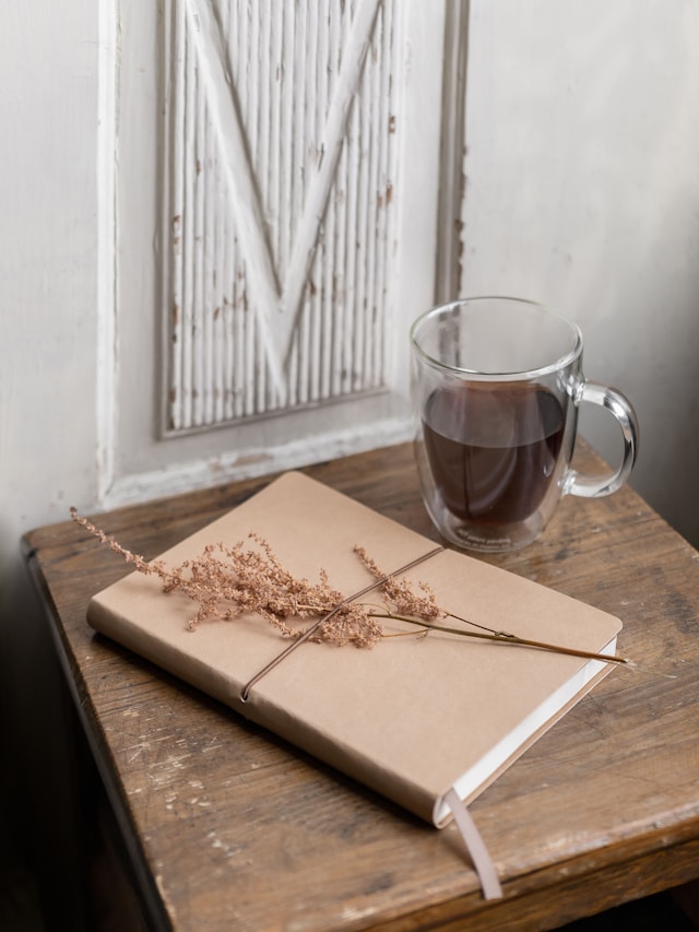 the picture shows a journal on a wooden table with a cup of tea next to it; the blog post is about self-care at Christmas and helpful tips on navigating the festive season