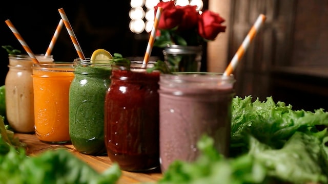 image showing selection of smoothies neatly lined up in different colours post yoga snacks