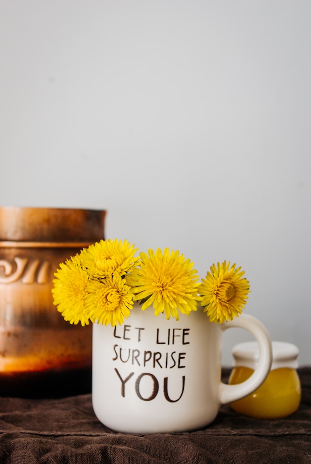 close up of white coffee mug with golden letters saying 'let life surprise you' treat yourself ideas motivational coffee mug