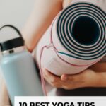 pinterest image showing close up of woman holding a yoga mat and a water bottle blog post is about yoga tips for beginners