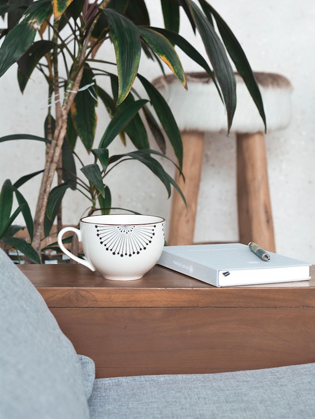 image showing close up of coffee cup and notebook in relaxing environment with plants self-love affirmations ground yourself