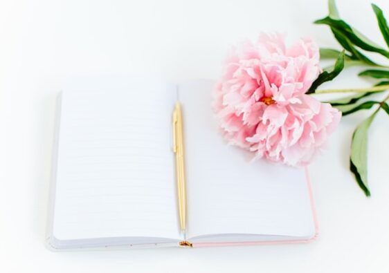 the pictures shows a close up of an empty journal with empty pages sitting on a white table with a light pink flower next to it; the blog post is about shadow work journal prompts for transformation and inner healing