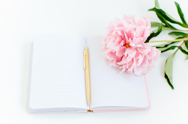 the pictures shows a close up of an empty journal with empty pages sitting on a white table with a light pink flower next to it; the blog post is about shadow work journal prompts for transformation and inner healing