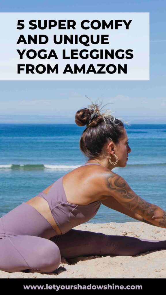 woman in lavender coloured yoga gear at the beach doing yoga unique yoga leggings