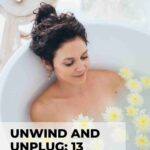Pinterest pin image showing woman taking a bath surrounded by flowers ways to relax after work