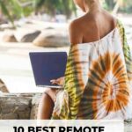 Pinterest pin image features woman dressed in kimono sitting at the beach working with her laptop blog post is about the best remote work gadgets