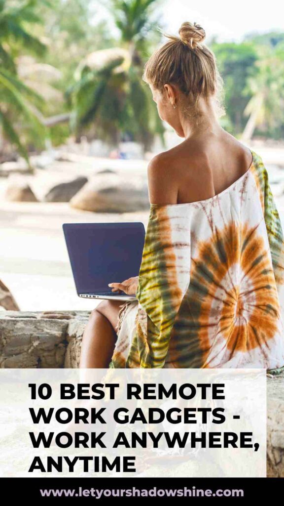 Pinterest pin image features woman dressed in kimono sitting at the beach working with her laptop blog post is about the best remote work gadgets