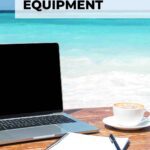 Pinterest pin image features a close up of a laptop a cup of coffee and a notebook with a beach setting in the background blog post is about the best remote work gadgets