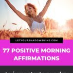 Pinterest pin image showing woman with red hair smiling into camera standing in a field blog post is about positive morning affirmations