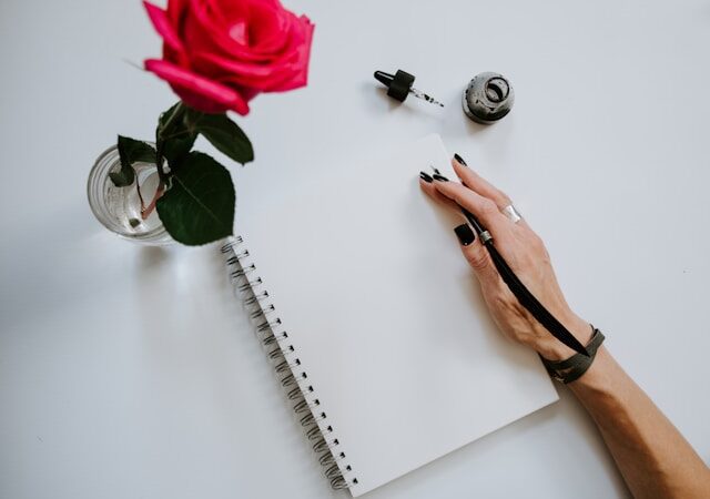 image shows a red rose next to a journal and a close up of a female hand with an ink pen blog post is about self reflection journal prompts for the end of the year