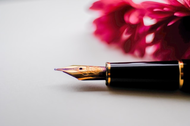 image shows a close up of an ink pen with a red flower in the background blog post is about self reflection journal prompts for the end of the year